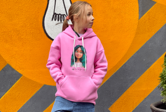 Kid's pink warm hoodie with the image of Mavka