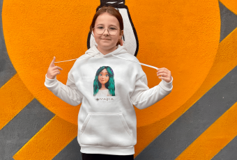 Kid's white warm hoodie with the image of Mavka