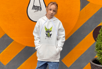 Kid's white warm hoodie with the image of Kittyfrog